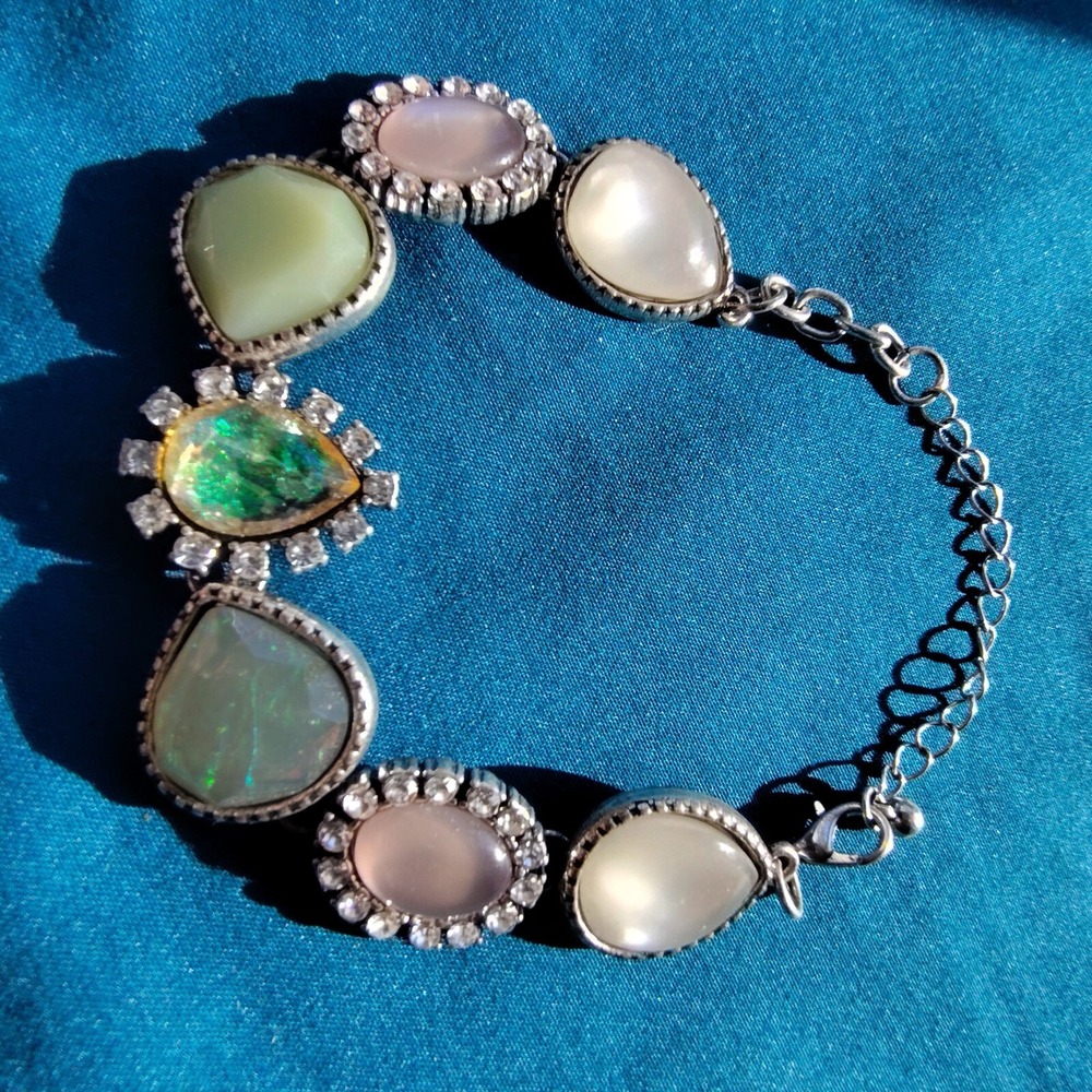 Handmade bracelet pink green opal iridescent sparkly fashion wrist decoration